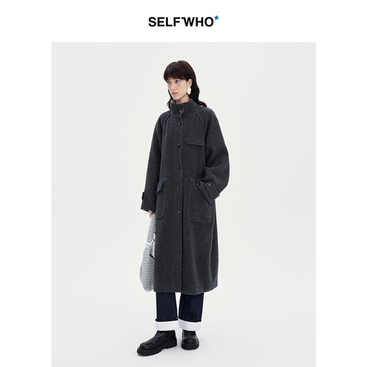 SELFWHO100%羊毛灰色大衣女2立领宽松保暖防寒长款外套 商品图2