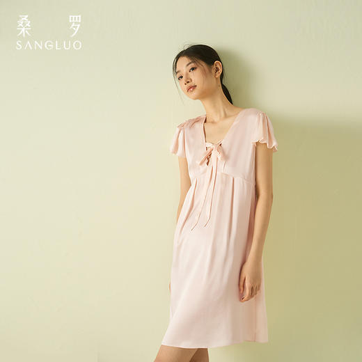 盈感系列』桑罗系带娃娃衫荷叶袖轻盈凉感桑蚕丝睡裙新品 商品图1