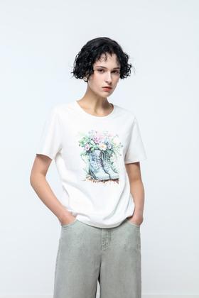 奇威【步步生花T恤】短款圆领印花上衣 A510152290