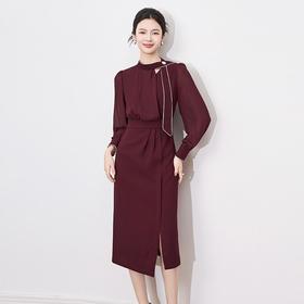 【高货wl】全新升级【铂金会员330/天猫449/差价119】(82157) 洛诗琳春季轻熟高级感女神范收腰别致飘带圆领包臀连衣裙