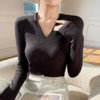 【纯欲风高级感V领上衣】冬螺纹V领修身正肩长袖打底衫内搭外穿修身纯欲风紧身气质显瘦纯色长袖T恤上衣 商品缩略图0
