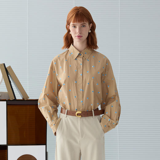 谜底波点印花衬衫长袖女2025春新品通勤风下摆收边衬衣251MC0084 商品图0