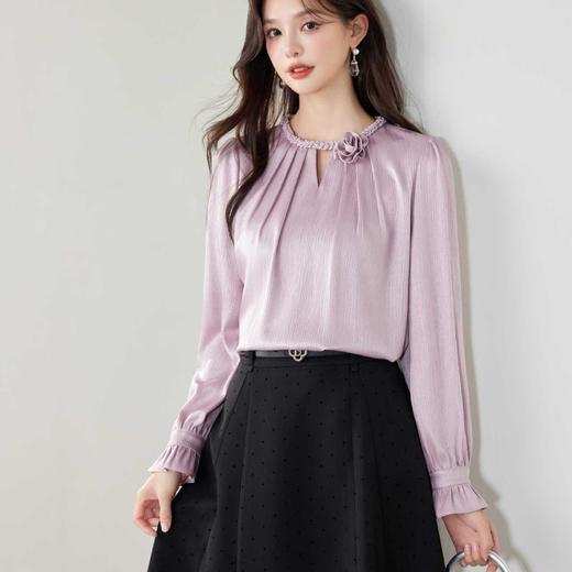 全新升级【铂金会员165/天猫219/差价54】(83708) 洛诗琳法式气质衬衫2025春季新款重工钉珠优雅通勤雪纺上衣 商品图4