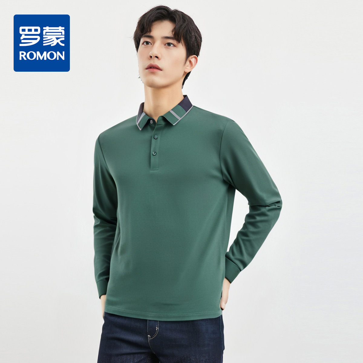 【撞色领】罗蒙春秋男士仿丝光polo衫男长袖t恤男商务男士polo衫长袖