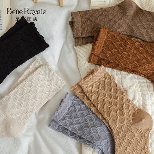 【42元5双，下单数量拍5】秋冬双针羊毛曲牙边翻边发热纤维菱形暗花女袜中筒袜WZM3546WZM3548 商品图4