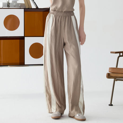 谜底休闲裤阔腿裤女2025春季新品休闲风松紧腰拼接长裤251GK0094 商品图0