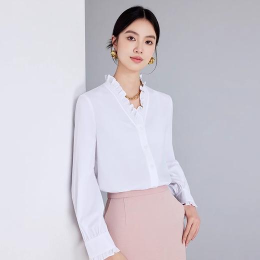 IWY/白色长袖衬衫女新款高级感精致V领木耳边通勤百搭法式衬衣1024B015 商品图3