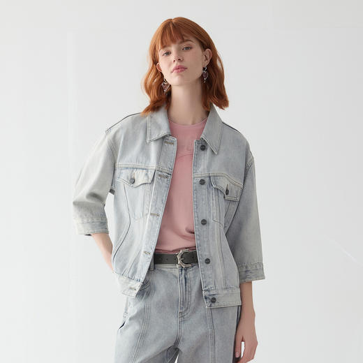 谜底牛仔短款外套女2025春季新品复古风浅色水洗棉夹克251MW0051 商品图1