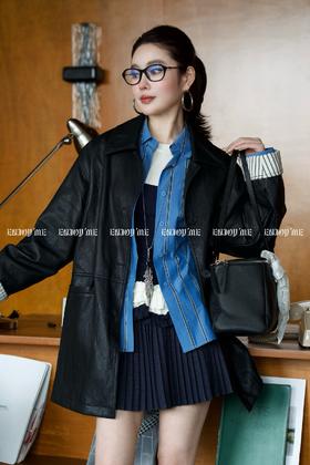 【门店同款】ENJOY春季盐貌似糖袖口条纹翻边皮衣 160896213