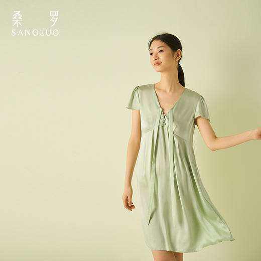 盈感系列』桑罗系带娃娃衫荷叶袖轻盈凉感桑蚕丝睡裙新品 商品图3
