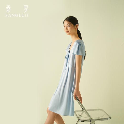 盈感系列』桑罗系带娃娃衫荷叶袖轻盈凉感桑蚕丝睡裙新品 商品图2