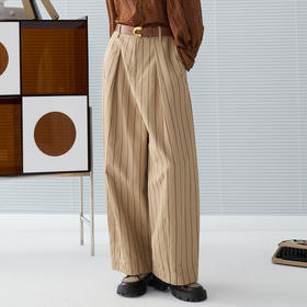 谜底气球裤长裤女2025春新品复古风条纹休闲大廓形裤子251MK0046