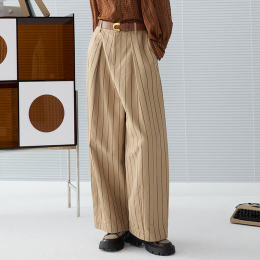 谜底气球裤长裤女2025春新品复古风条纹休闲大廓形裤子251MK0046 商品图0
