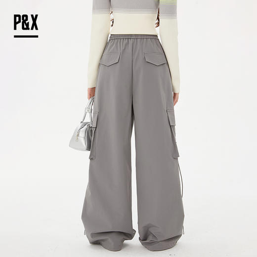 P&X设计师女装 时尚绑带设计梭织休闲长裤阔腿裤825109101 灰色 商品图4