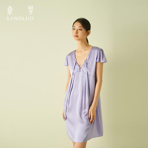 盈感系列』桑罗系带娃娃衫荷叶袖轻盈凉感桑蚕丝睡裙新品 商品图4