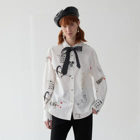 谜底印花衬衫长袖女2025春新品通勤风复古花色宽松衬衣251MC0087