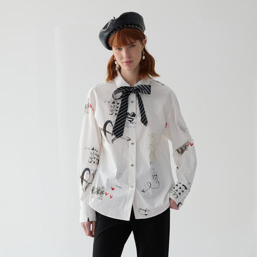 谜底印花衬衫长袖女2025春新品通勤风复古花色宽松衬衣251MC0087 商品图0