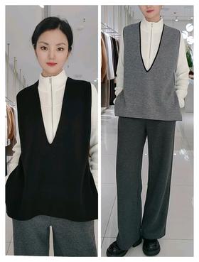 482538两面穿针织A版侧开叉纯羊毛马甲 两面翻穿