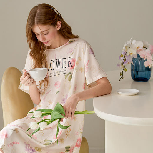 芬腾睡裙女春季简约短袖睡衣裙夏季冰丝薄款植物花卉加大码家居服 商品图4