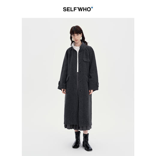 SELFWHO100%羊毛灰色大衣女2立领宽松保暖防寒长款外套 商品图0