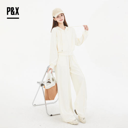 P&X设计师女装 随性宽松休闲裤百搭拖地阔腿两件套825114017 米色 商品图1