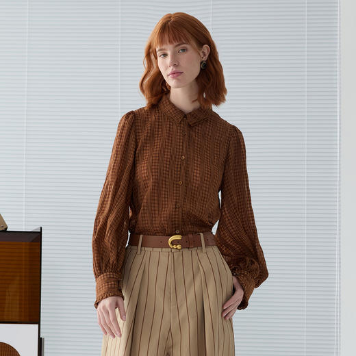 谜底格纹衬衫长袖女2025春季新品复古风微皱肌理感衬衣251MC0109 商品图0