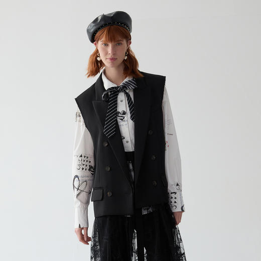 谜底西装马甲女2025春新品通勤风双排扣宽松戗驳领马夹251MM0052 商品图0