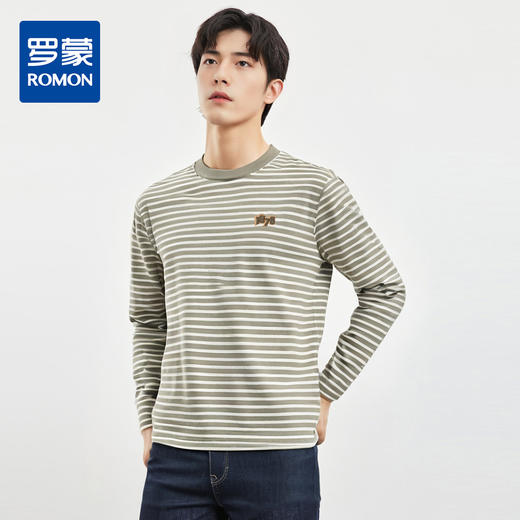 【桑蚕丝混纺】罗蒙春夏绣花胸标海魂衫t恤男长袖t恤男时尚条纹t恤长袖男 商品图0