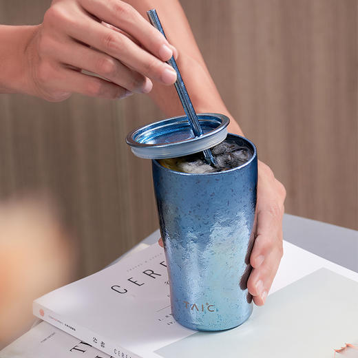 TAIC 太可钛度纯钛水杯带盖带吸管敞口杯茶杯双层真空防烫隔热咖啡杯 商品图6