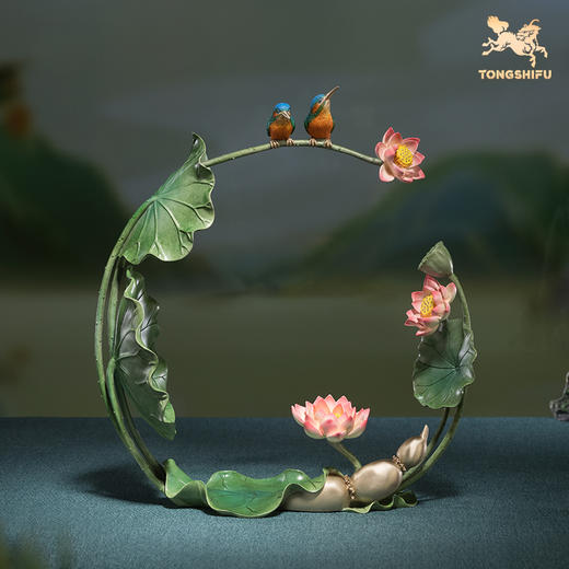 铜师傅《夏日荷韵》客厅桌面铜翠鸟荷花摆件 家居装饰工艺品 商品图0