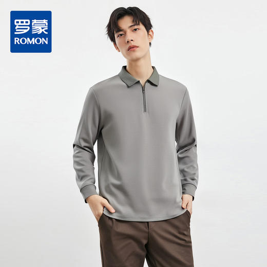 【含桑蚕丝】罗蒙男士撞色领拉链polo衫男长袖时尚舒适百搭长袖t恤男 商品图0