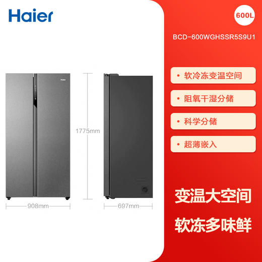海尔（Haier）对开门冰箱 600L智能家用双开门大容量 一级变频静音节能 干湿分储 软冷冻变温 【星蕴银】 BCD-600WGHSSR5S9U1 商品图0