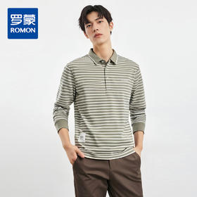 【桑蚕丝混纺】罗蒙男士春秋款撞色条纹polo衫男长袖t恤男士polo衫