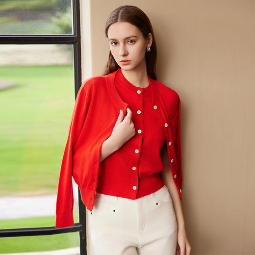 【棉质针织开衫】25年春季新品女士圆领针织开衫红色薄款小外套 商品图1