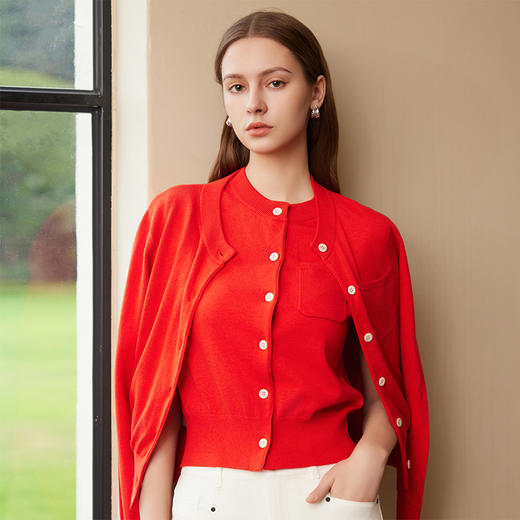 【棉质针织开衫】25年春季新品女士圆领针织开衫红色薄款小外套 商品图0
