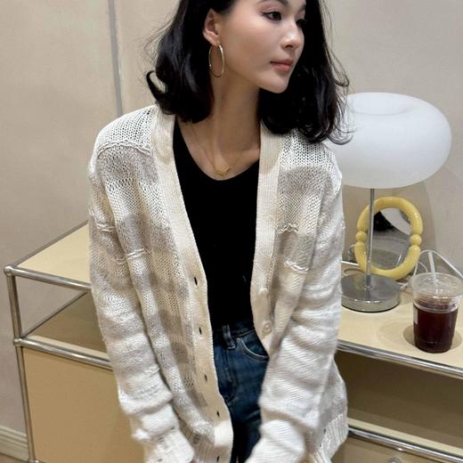 顺丰包邮洛诗琳34609早春新款设计感破洞拼色针织开衫女150573 商品图0