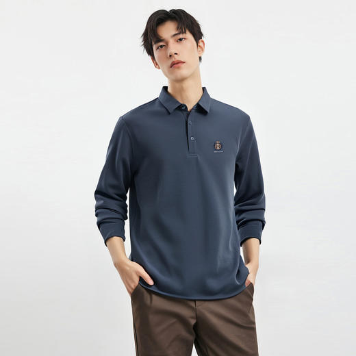 【桑蚕丝混纺】罗蒙春秋男士绣花胸标polo衫男长袖t恤男舒适长袖上衣男 商品图1