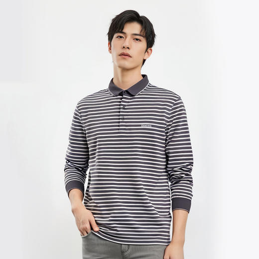【桑蚕丝混纺】罗蒙男士春秋款撞色条纹polo衫男长袖t恤男士polo衫 商品图3