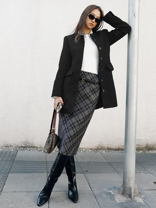 TR她热 贝拉格纹 藏蓝色格纹复古印花拉链开叉西装显瘦直筒半裙 商品图2