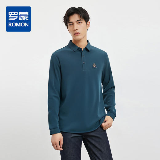 【桑蚕丝混纺】罗蒙春秋男士绣花胸标polo衫男长袖t恤男舒适长袖上衣男 商品图0