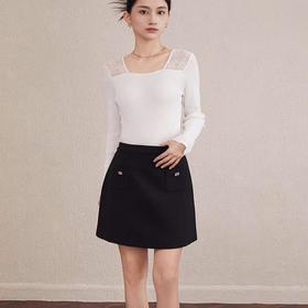 【自】全新升级【铂金会员238/天猫319/差价81】(81911) 洛诗琳25春季新款设计感方领拼接蕾丝长袖薄款纯色针织上衣