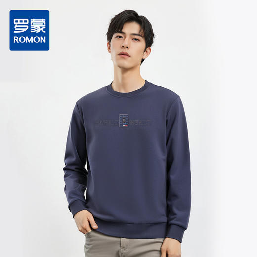 【桑蚕丝混纺】罗蒙春秋男装胸花字终绣花卫衣男士舒适休闲百搭圆领长袖T恤上衣男 商品图0