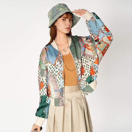 谜底花色短款外套女2025春季新品复古风印花棒球服长袖251MW5005 商品图1