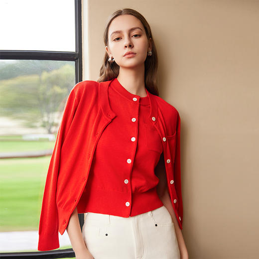 【棉质针织开衫】25年春季新品女士圆领针织开衫红色薄款小外套 商品图2