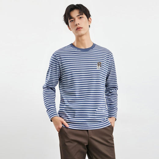 【桑蚕丝混纺】罗蒙春夏长袖T恤男士海魂衫休闲百搭经典男士圆领条纹T恤 商品图1
