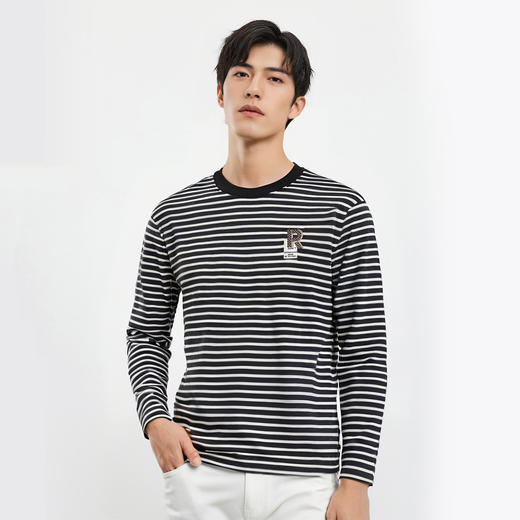 【桑蚕丝混纺】罗蒙春夏长袖T恤男士海魂衫休闲百搭经典男士圆领条纹T恤 商品图3
