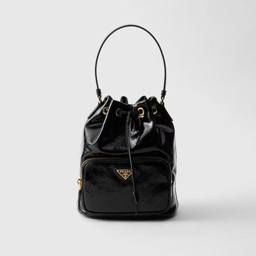 PRADA 普拉达 女士珐琅金属三角徽标 Duet naplak 漆皮水桶包 黑色 1BH038 2DNT F0002 UOM 商品图0