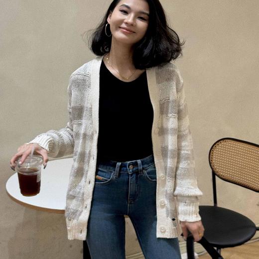 顺丰包邮洛诗琳34609早春新款设计感破洞拼色针织开衫女150573 商品图1