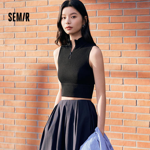 森马背心女高腰修身内搭纯色半开襟高领无袖上衣春季打底衫中长款 商品图0