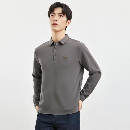 【桑蚕丝混纺】罗蒙春秋男士绣花胸标polo衫男长袖t恤男舒适长袖上衣男 商品图2